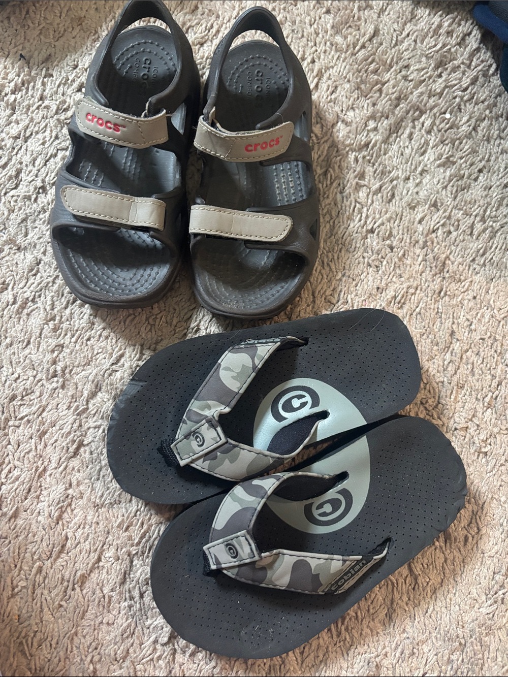 CROCS Kids Brown and Beige Adjustable Sandals & Black Camouflage Flip Flops